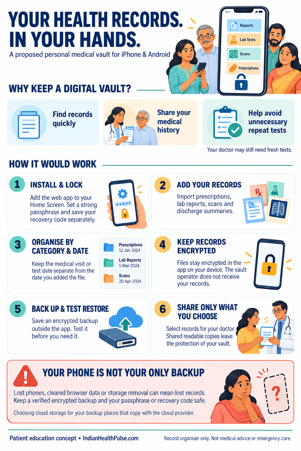 Your health records, in your hands: install and lock, import records, organise by clinical date, keep records encrypted, back up and test restore, and share only selected files. Losing a phone or clearing storage can lose records.